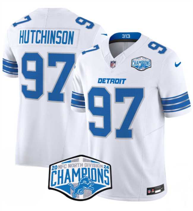 Men%27s Detroit Lions #97 Aidan Hutchinson White 2024 NFC North Champions F.U.S.E. Vapor Limited Stitched Jersey
